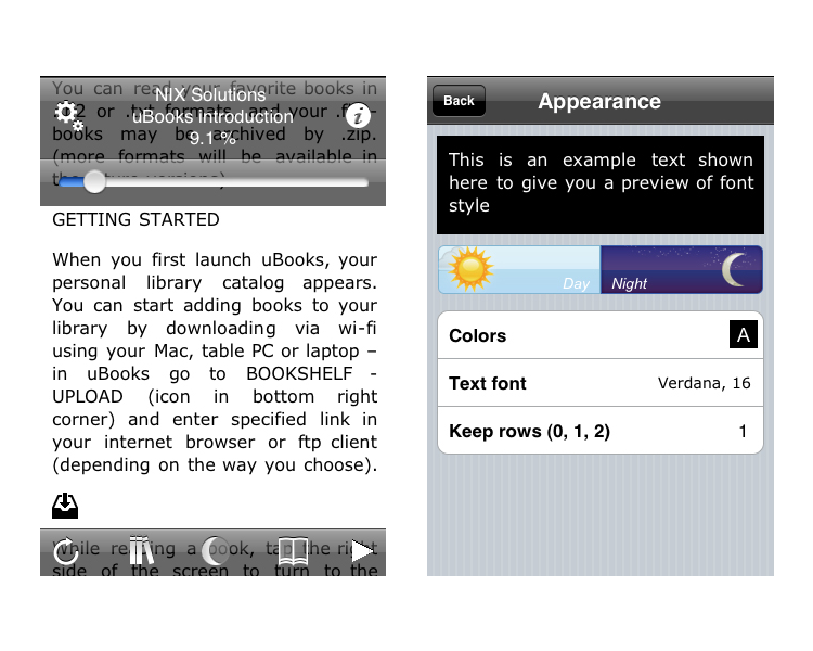 uBooks night mode and settings