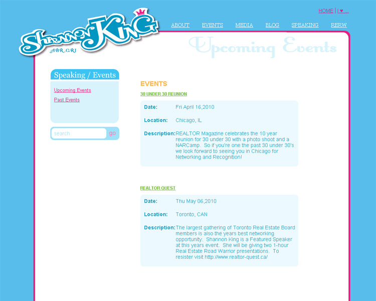 Shannon King. Events page