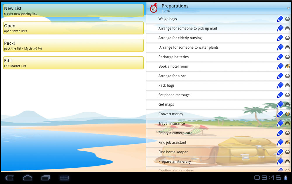 Fragment screen - uPackingList app for Android 3.0