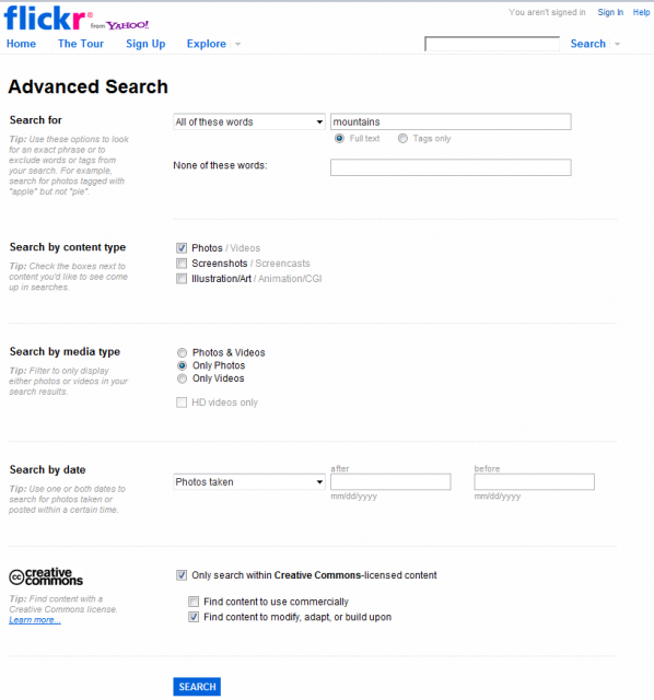 search options within flickr