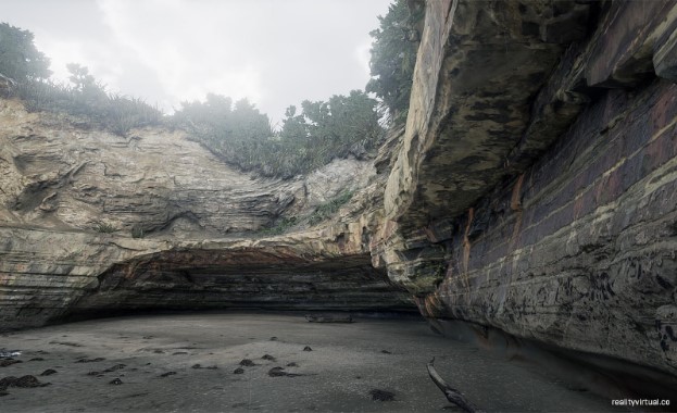 Beach bay in Mana, NZ rebuilt based on scans and photos, and conveyed in real time as part of a VR experience.