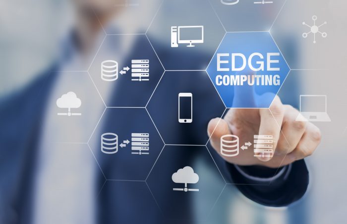 Edge computing technology with distributed network performing computation and data storage near the user instead of in the cloud, internet service for IoT, gamelets and AI recognition, concept